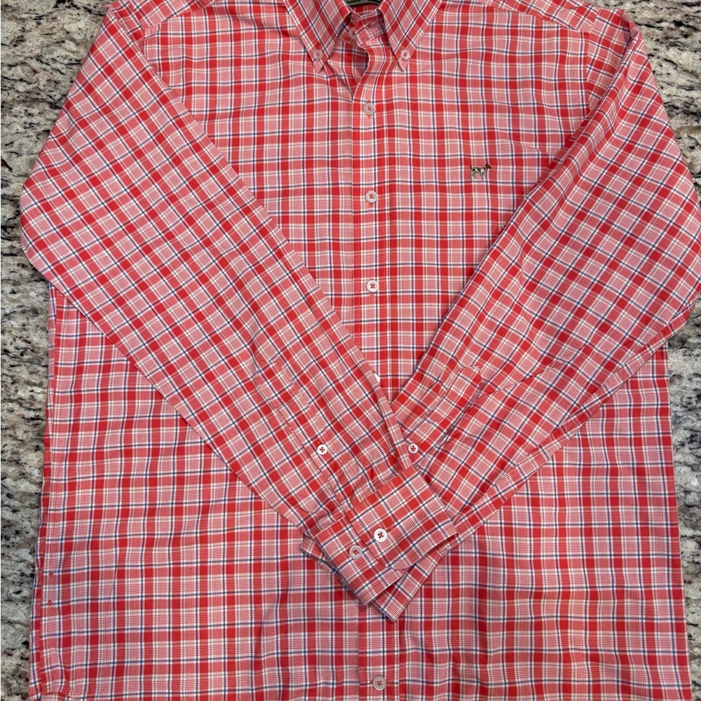 Red Casual Button Down Shirt with Long Sleeves and Plaid Pattern